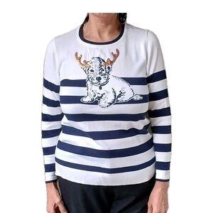 Crown & ivy Sweater  Striped Long Sleeve Top with Reindeer Design pre-owned